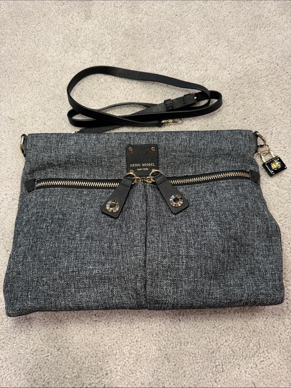 henri bendel Gray Textured Crossbody with Gold Accents